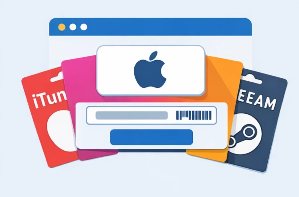Four flat digital illustration panels showing how to check an Apple gift card balance without redeeming it, including phone search, card code entry, and balance display.