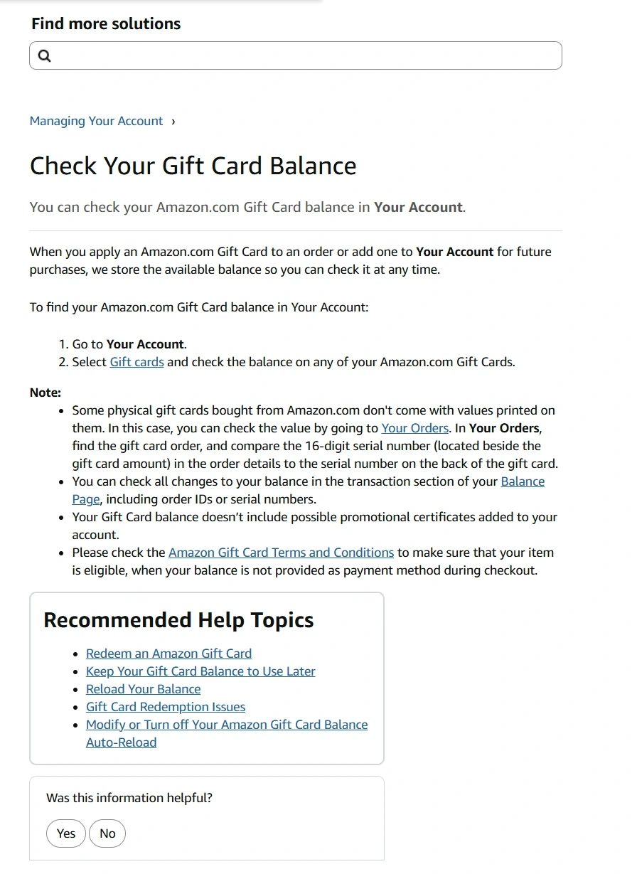 Amazon’s official help page explains that users can open the Gift cards section under Your Account to view Amazon gift card balance.