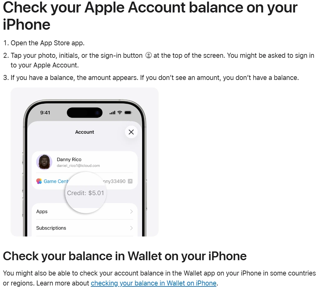 Apple’s support page explains how users can view their Apple Account balance on supported devices.