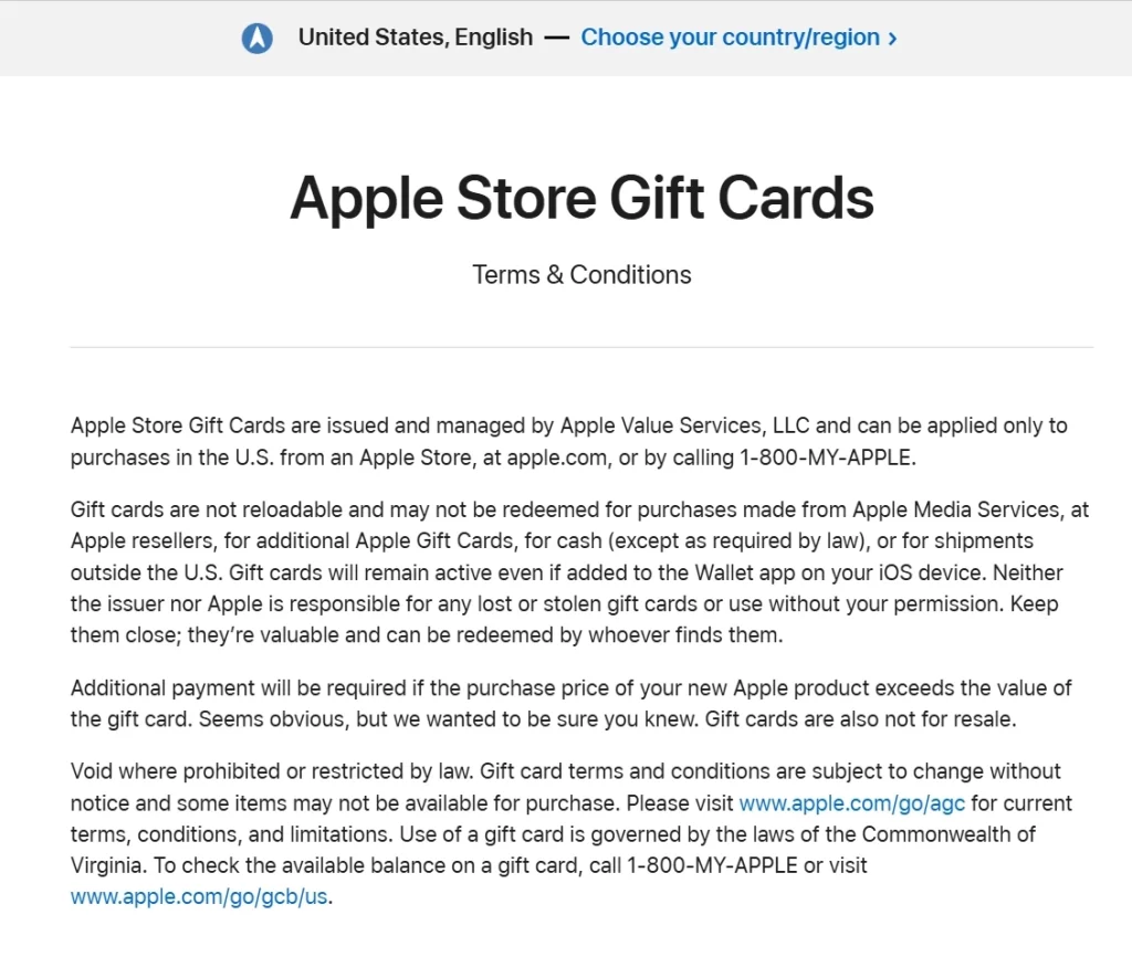 Apple’s official gift card terms page shows that users can check gift card balance through the provided link or phone option.