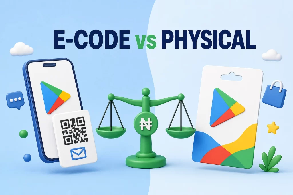Google Play e-code and physical gift card rate comparison
