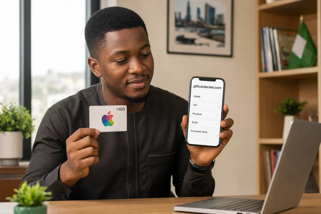 Nigerian user using the Apple Gift Card to Naira calculator on giftcardsrate.com