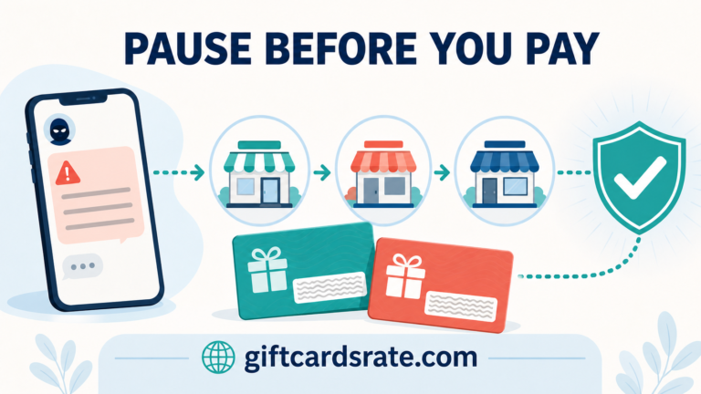 Phone warning, three retail stores and covered gift cards leading to a verification shield