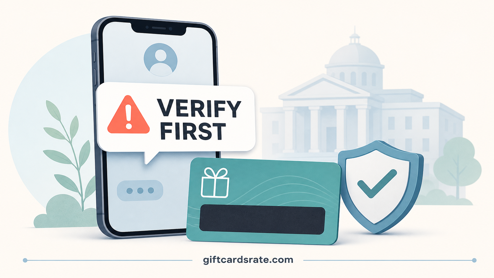 Phone message, shield and covered gift card code warning users to verify official requests