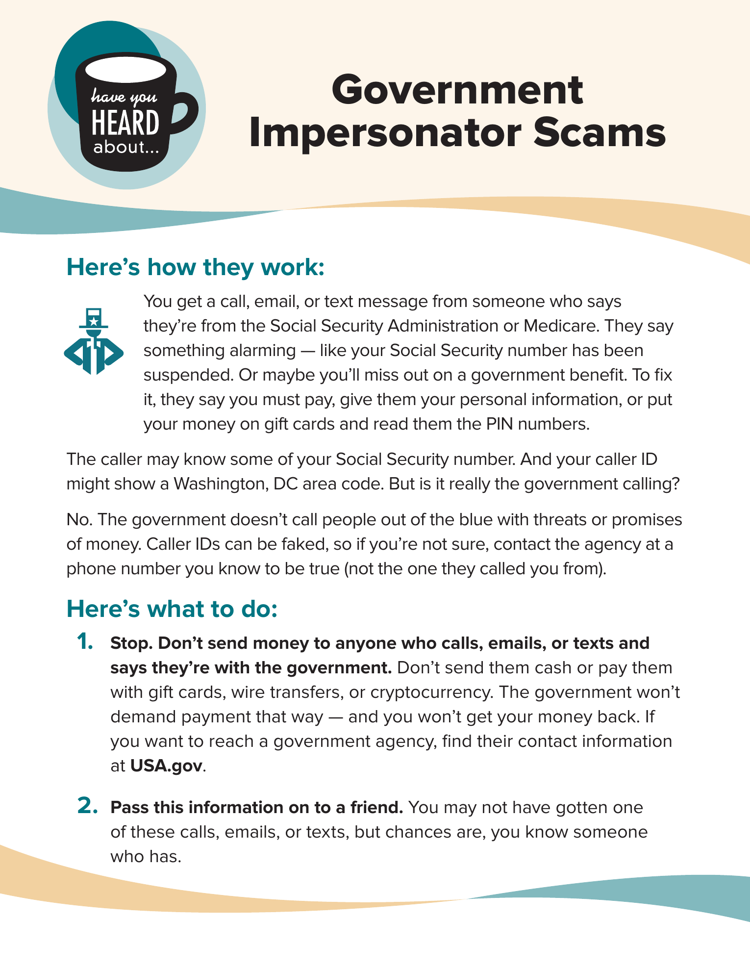 Page one of the FTC Government Impersonator Scams consumer education sheet
