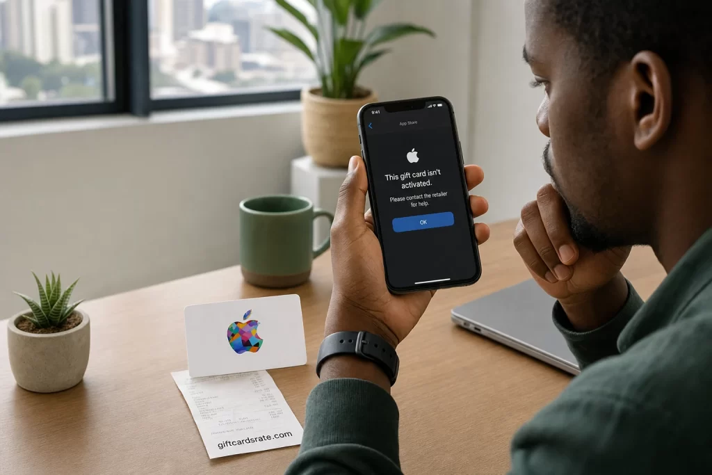 Nigerian user viewing an Apple Gift Card activation warning beside a retail receipt on giftcardsrate.com