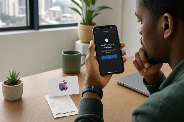 Nigerian user viewing an Apple Gift Card activation warning beside a retail receipt on giftcardsrate.com