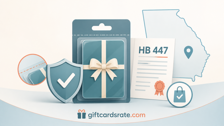 Gift card packaging protected by a shield beside a Georgia HB 447 document