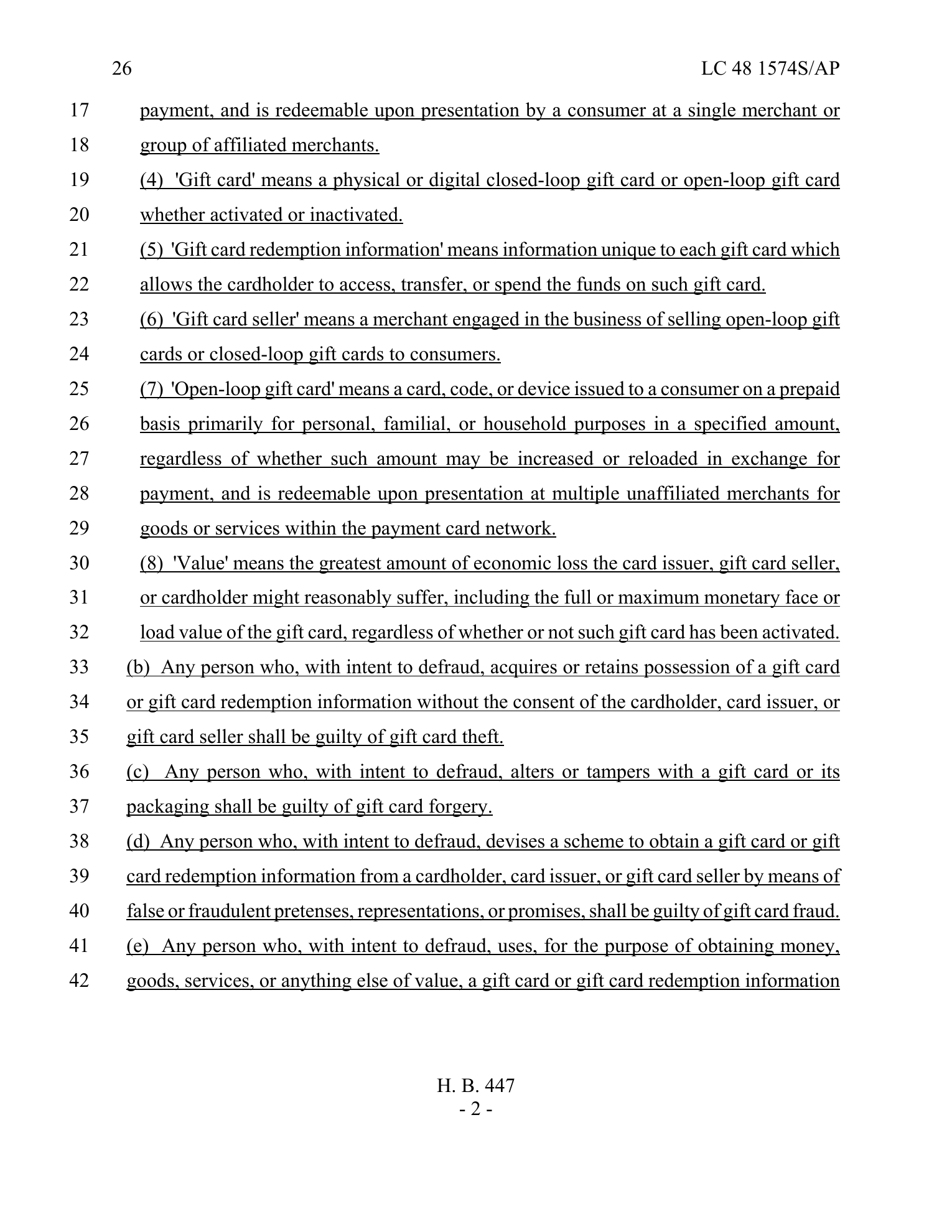 Page two of Georgia HB 447 defining gift card theft, forgery and fraud