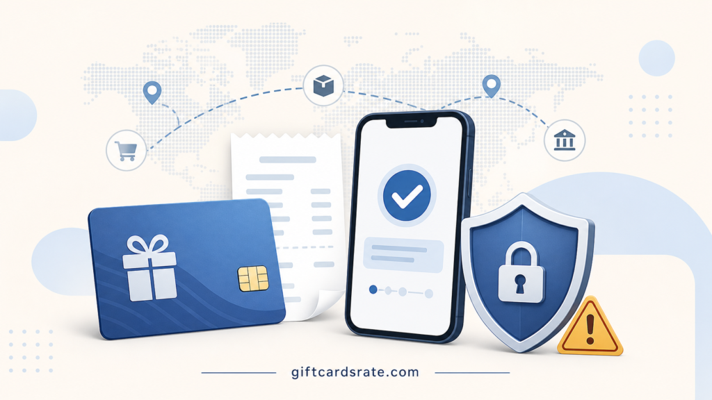 Gift card seller reviewing purchase proof and fraud warning signals before a trade
