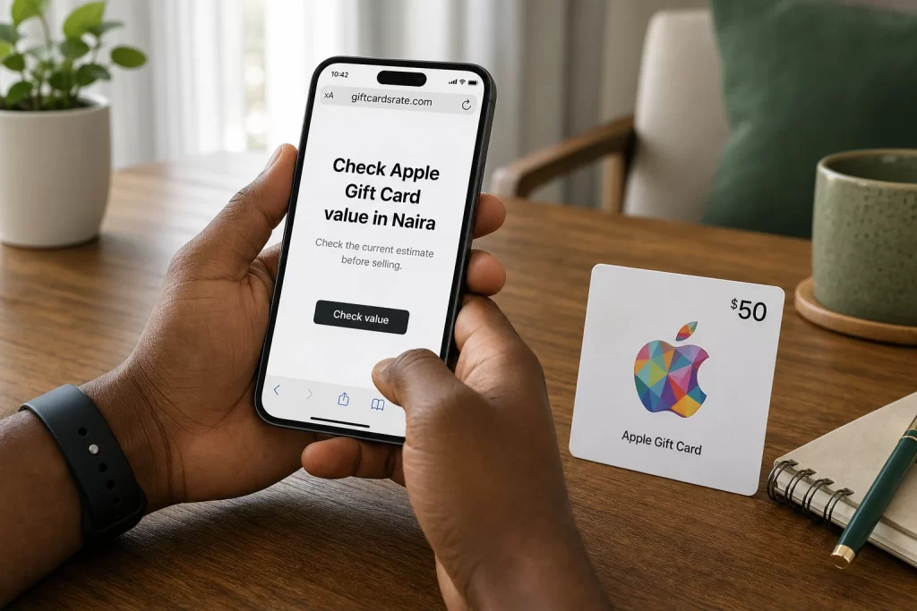 Nigerian user checking the Naira value of a $50 Apple Gift Card on giftcardsrate.com