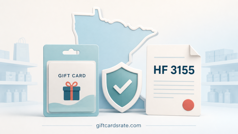 Gift card package and shield beside a Minnesota HF 3155 document