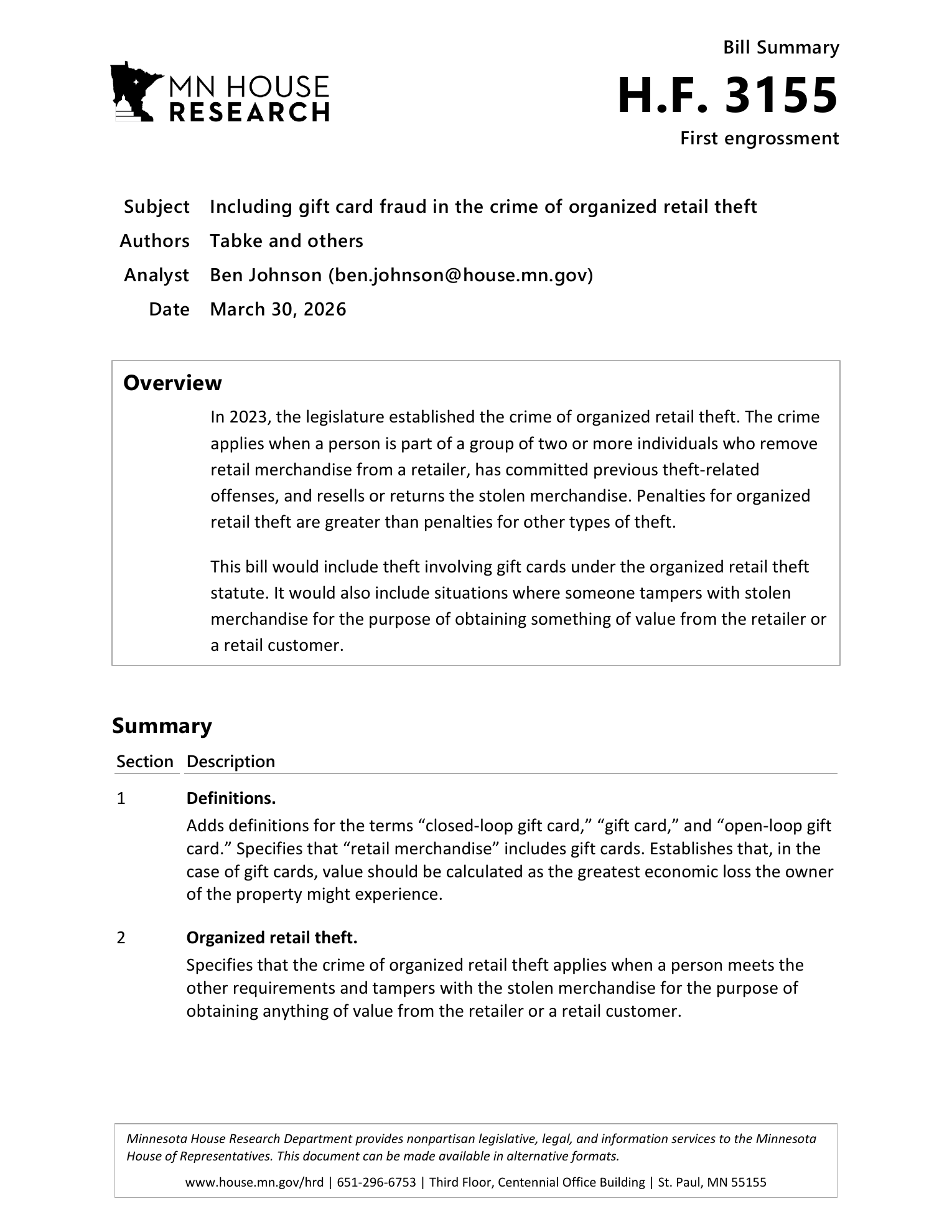 Minnesota House Research summary of H.F. 3155 on gift card fraud and organized retail theft