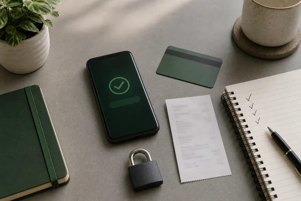 A phone, generic gift card, receipt, padlock and checklist arranged for a safer digital-value handoff