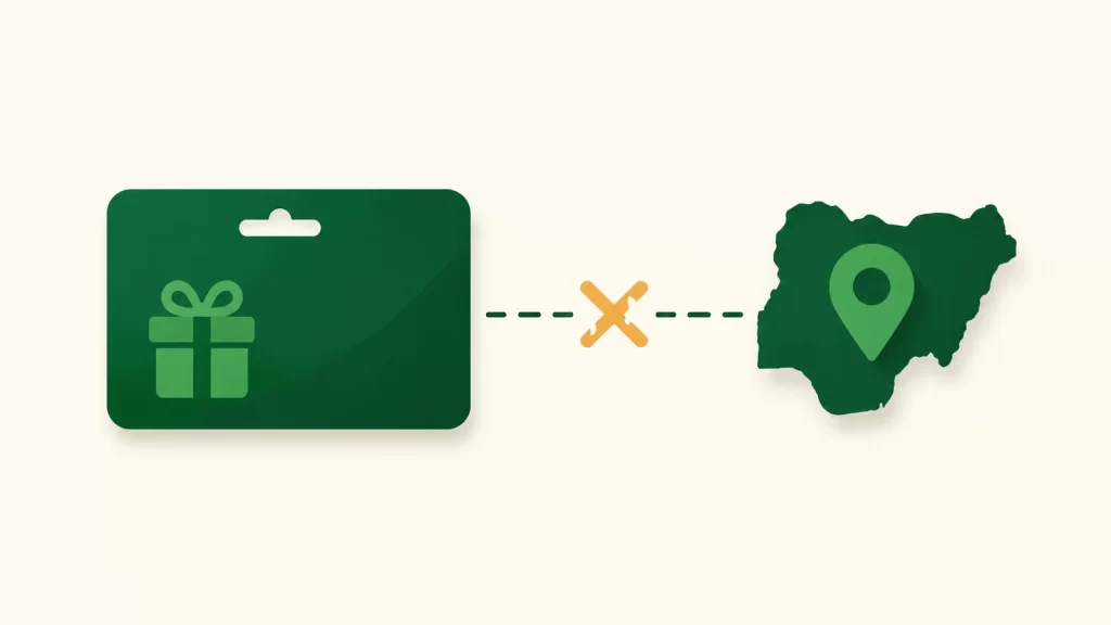 Simple illustration of a gift card blocked by a country mismatch with Nigeria