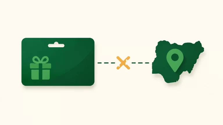 Simple illustration of a gift card blocked by a country mismatch with Nigeria