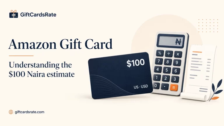 Illustration of a $100 US gift card beside a Naira calculator and receipt