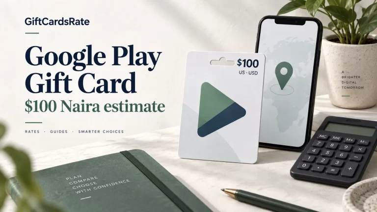 Illustration of a $100 US gift card beside a phone with a location pin and a calculator