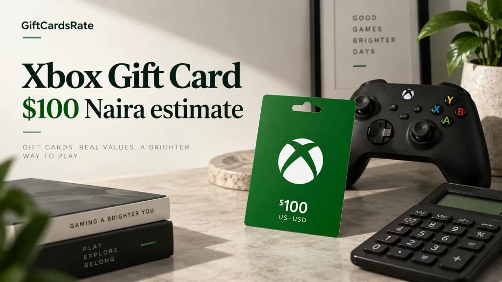 Illustration of a $100 US Xbox gift card beside a game controller and calculator