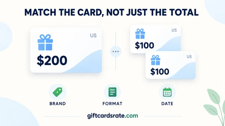 One $200 US gift card beside two $100 cards, with a reminder to check brand, format and date