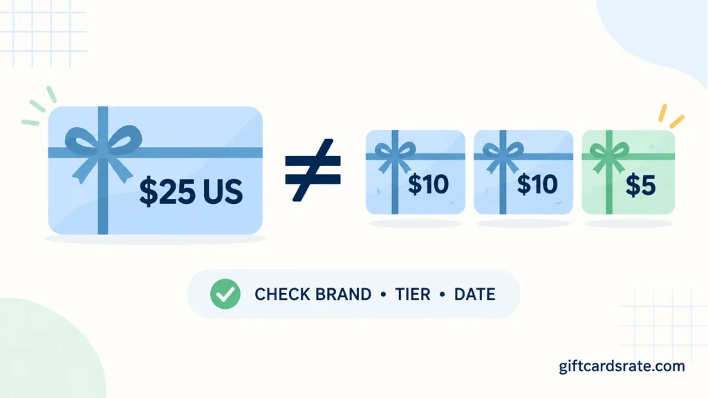 One $25 US gift card compared with two $10 cards and one $5 card, with a reminder to check brand, tier and date