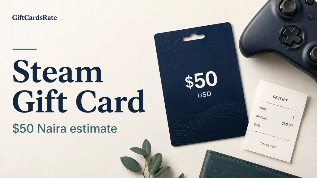 Editorial illustration of a $50 USD gaming gift card, controller and receipt